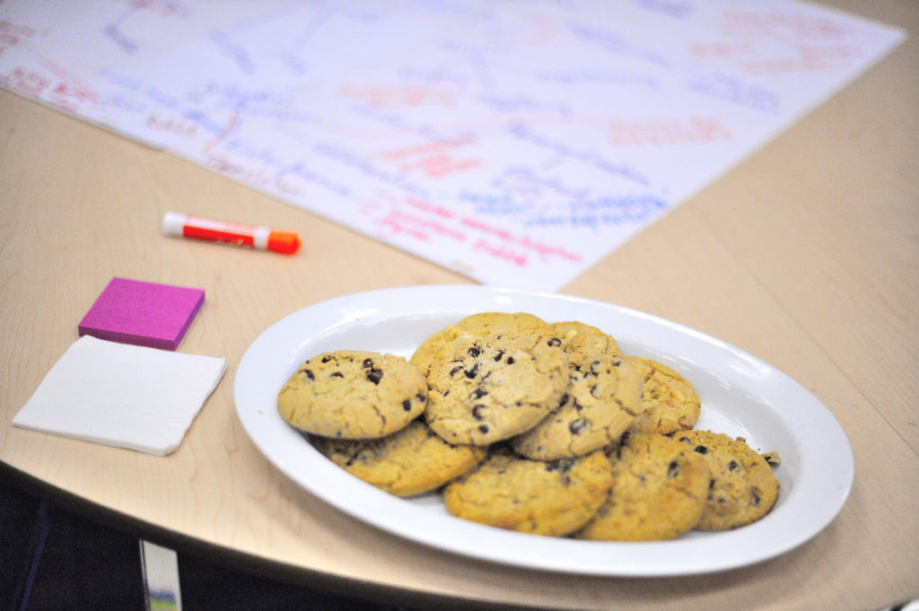 Plate with chocolate chip cookies on a round table. In the background, there is a poster and post-it notes.